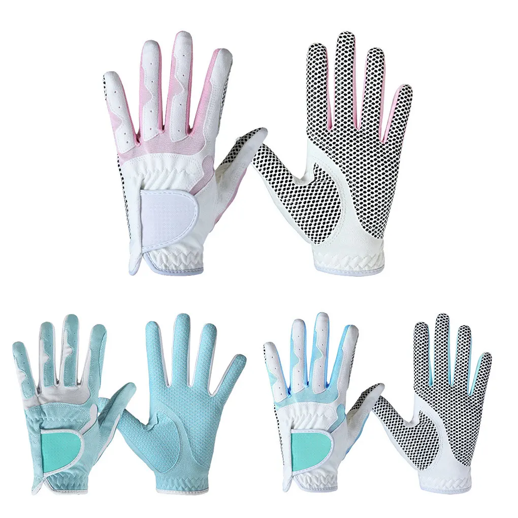 1 Pair Golf Gloves Women Anti-slip Microfiber Cloth Elastic Breathable Mitten for Outdoor Sport  White Pink  18