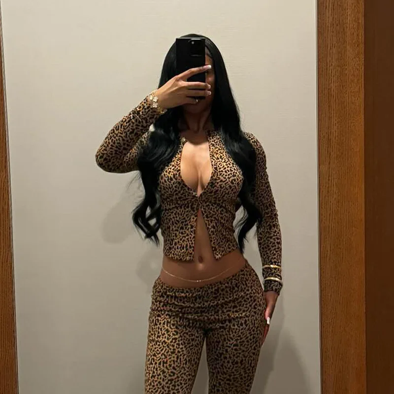 Leopard Cheetah Print Crop Tops Pant 2 Piece Set Womens Loungewear Fitted Jogger Sexy Club Wear Two Piece Pants Sets Outfit New