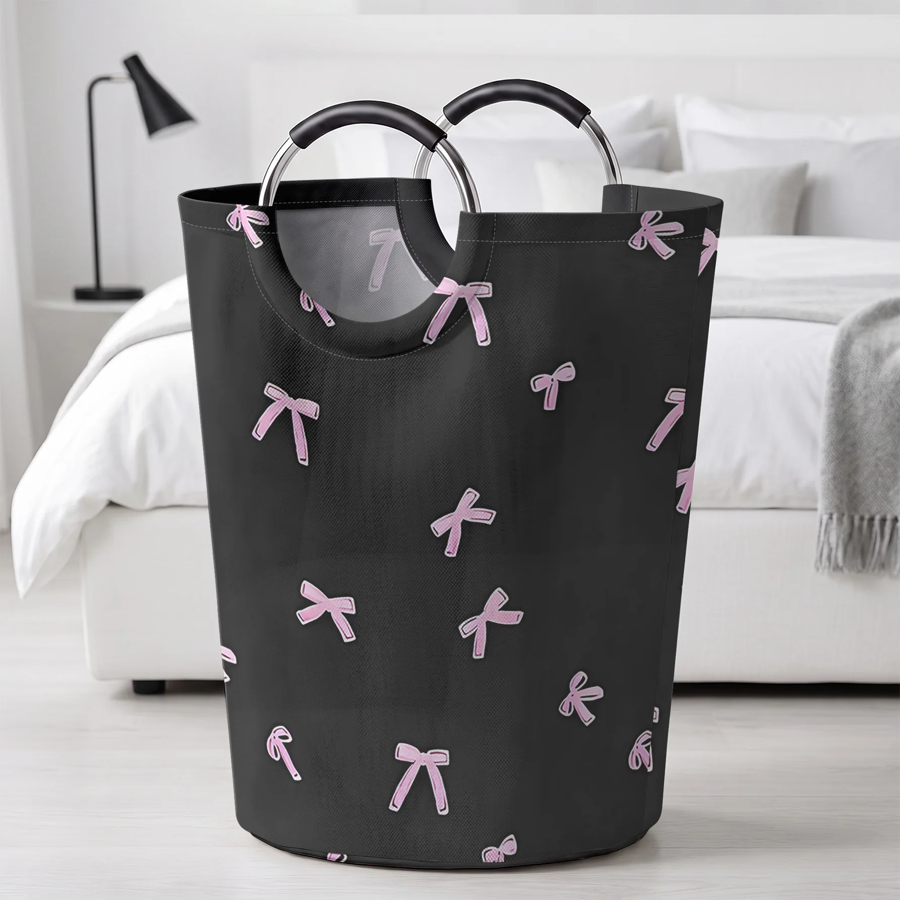 Black Pink Bow Print Handheld Storage Basket, Large Capacity, for Dirty Clothes, Bedroom Sundries and Toy Storage