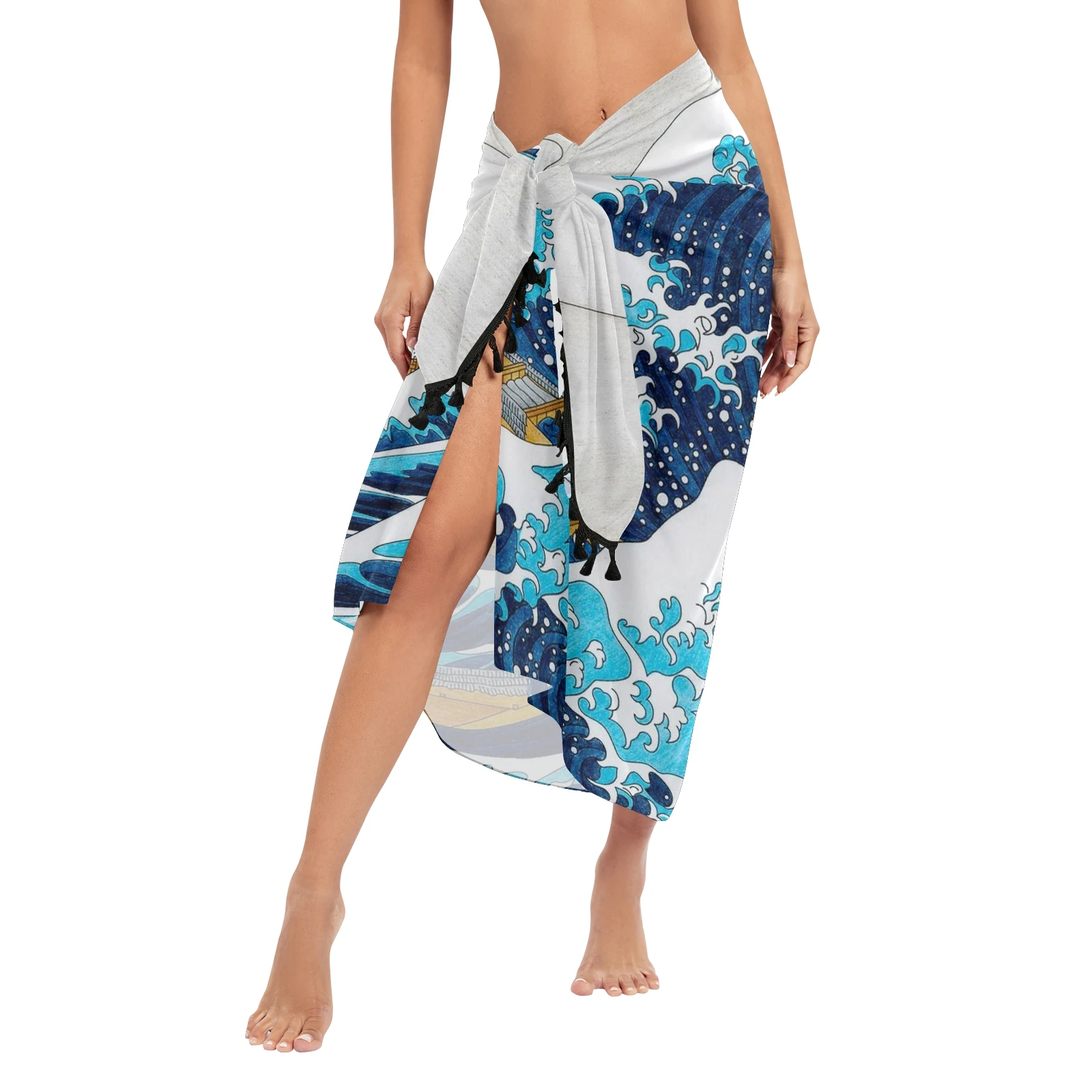 The Great Wave of Kanagawa Twill cotton Pareo Beach Cover-Ups Women  Beach Dress Bathing Swimwear Cover Up snow Sarong Scarf