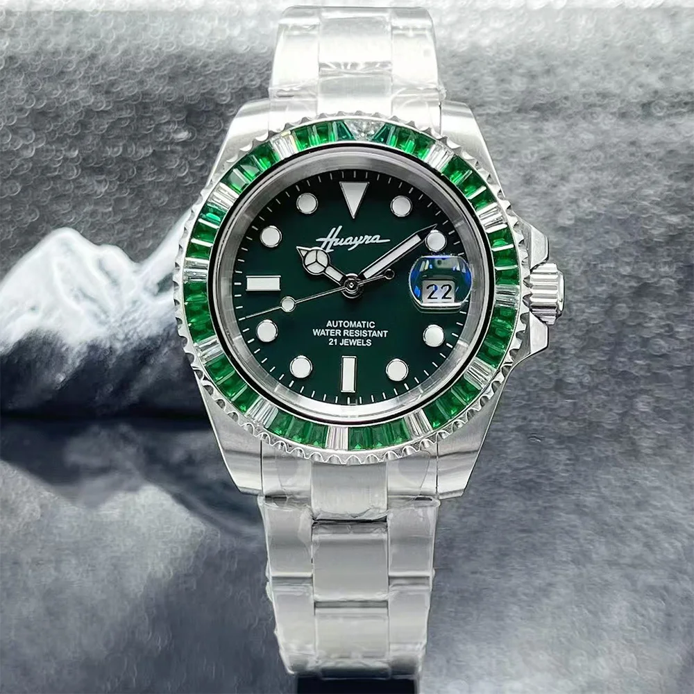 New luxury automatic stainless steel mechanical watch MIYOTA8215 movement green diamond frame glass sapphire men's watch