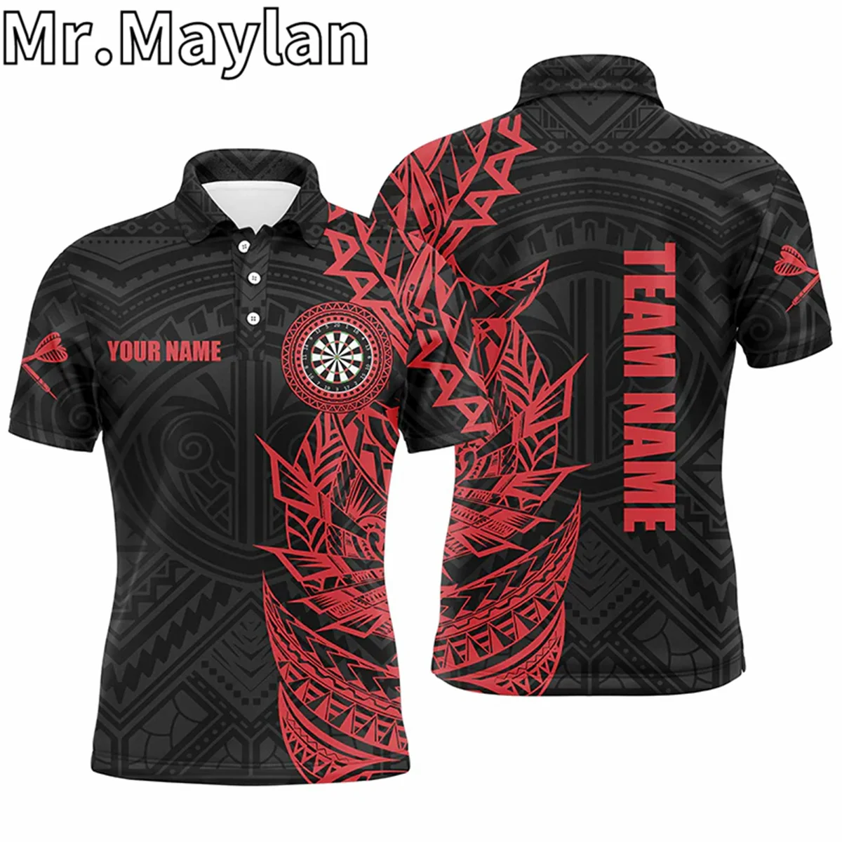 3D Personalized Red Polynesian Tattoos Mens Darts Polo Shirts Custom Darts Shirt For Men Dart Team Jerseys Gift For Darts Lovers