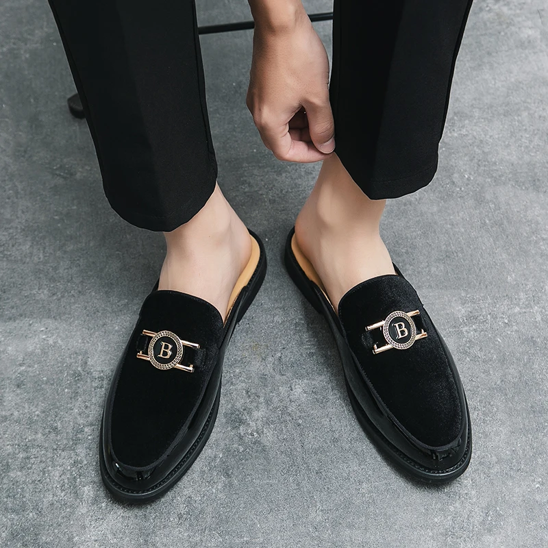Men's Shoes New Fashion Half Slippers Suede Patchwork Casual Shoes for Men Metal Buckle Mules Moccasins Breathable Driving Shoes