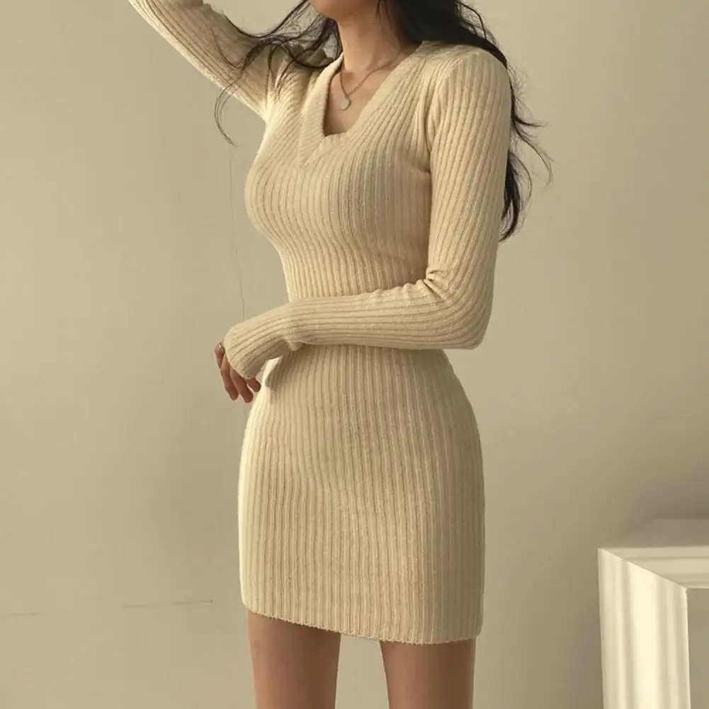 

Sweet Mini Dress Elastic Winter Sweater Dress Slim Fit Bodycon Lady Spring Dress Thermal