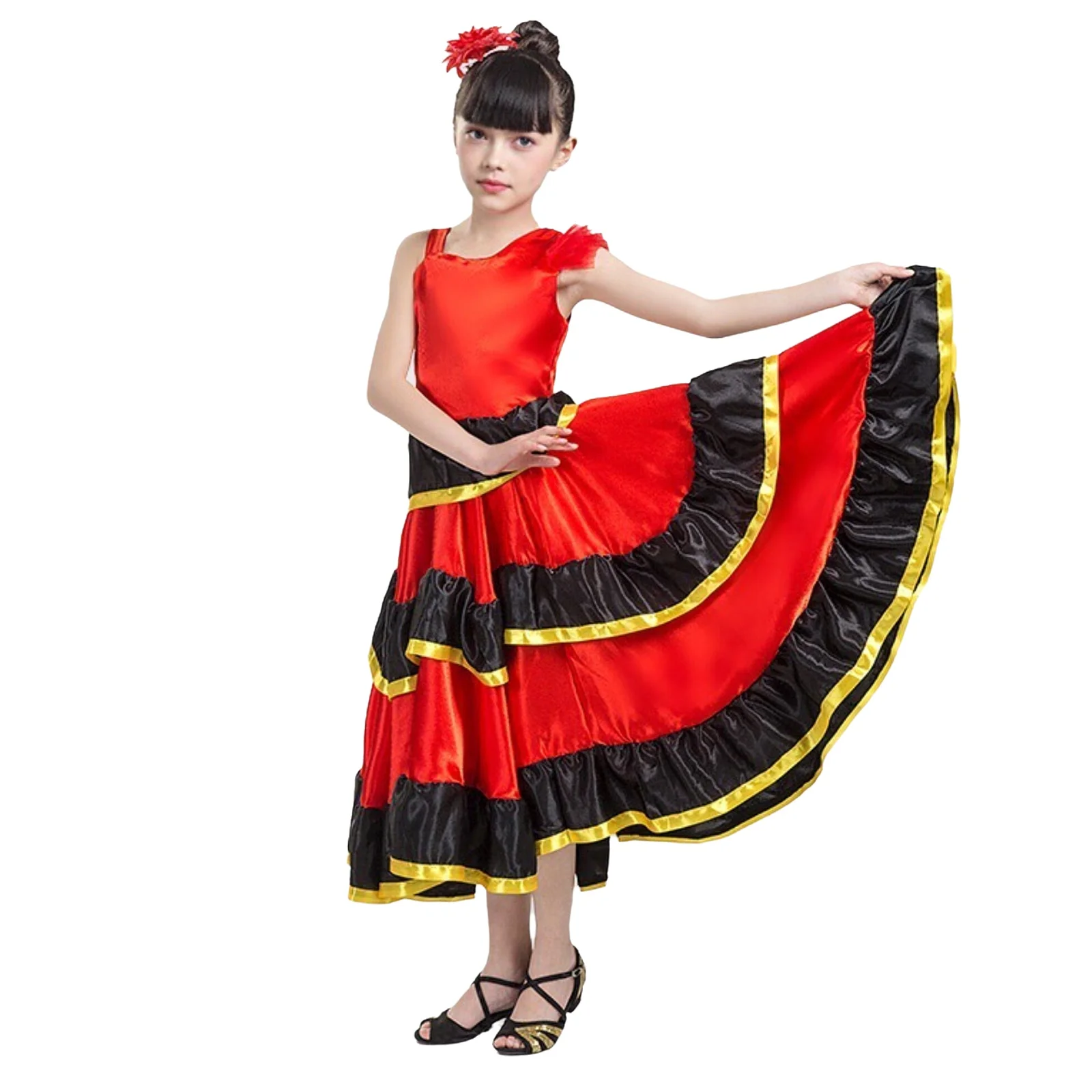 Girls Spanish Flamenco Dance Dress Traditional Mexican Flamengo Gypsy Bullfight Dance Long Skirt Sevilla Performances Outfits