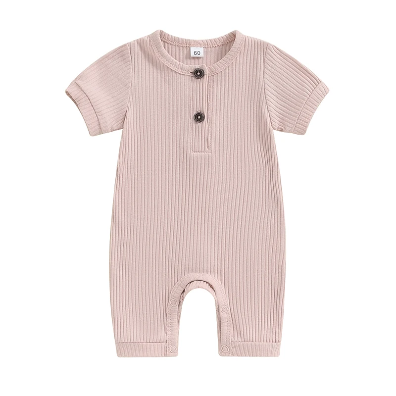 Infant Short Sleeve Bodysuit Soft Cotton Romper Solid Color Jumpsuit with O Neck and Button Closure for Newborns