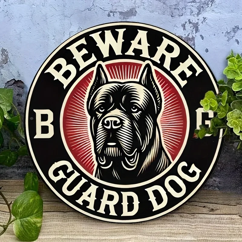 2D Flat - A Round Decorative Sign Made of Iron, Measuring 7.87X7.87 Inches (20X20 Cm), Warning about a Watchdog, Ideal for Use i