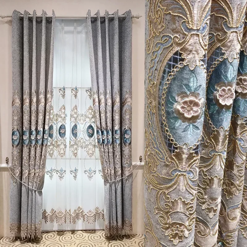 European-style High-end Hollow Water-soluble Embroidered Blackout Curtains for Living Room and Bedroom Custom Embroidered Yarn