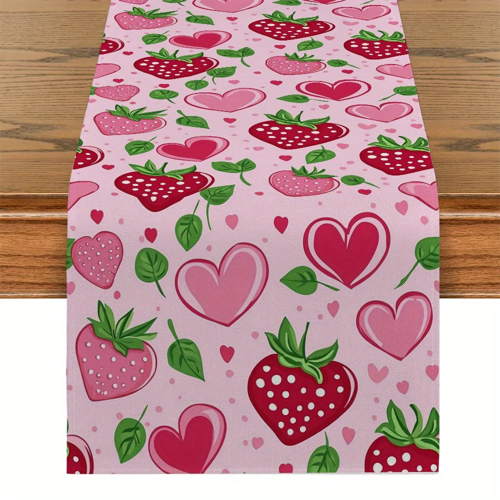 1 Piece Valentine's Day Strawberry Heart-Shaped Leaf Table Runner, Suitable for Dinner Parties, Holiday Parties, Family Gatherings, Children's Activities, Themed Cafes, Home Decoration, Christmas Markets, Cozy Tea Parties