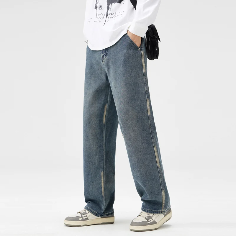 جينز رجالي خريف وشتاء 2025 موضة جديدة للرجال N فضفاض مستقيم ريترو جينز رجالي سراويل طويلة