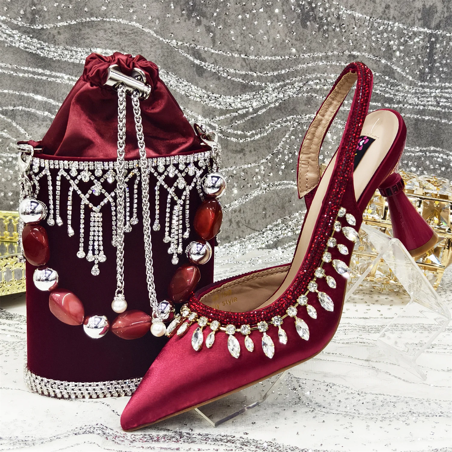 Zapatos de tacón de último diseño para mujer, de piel sintética con zapatos y monedero de piedra, zapatos italianos de tacón alto de verano y bolso para fiesta