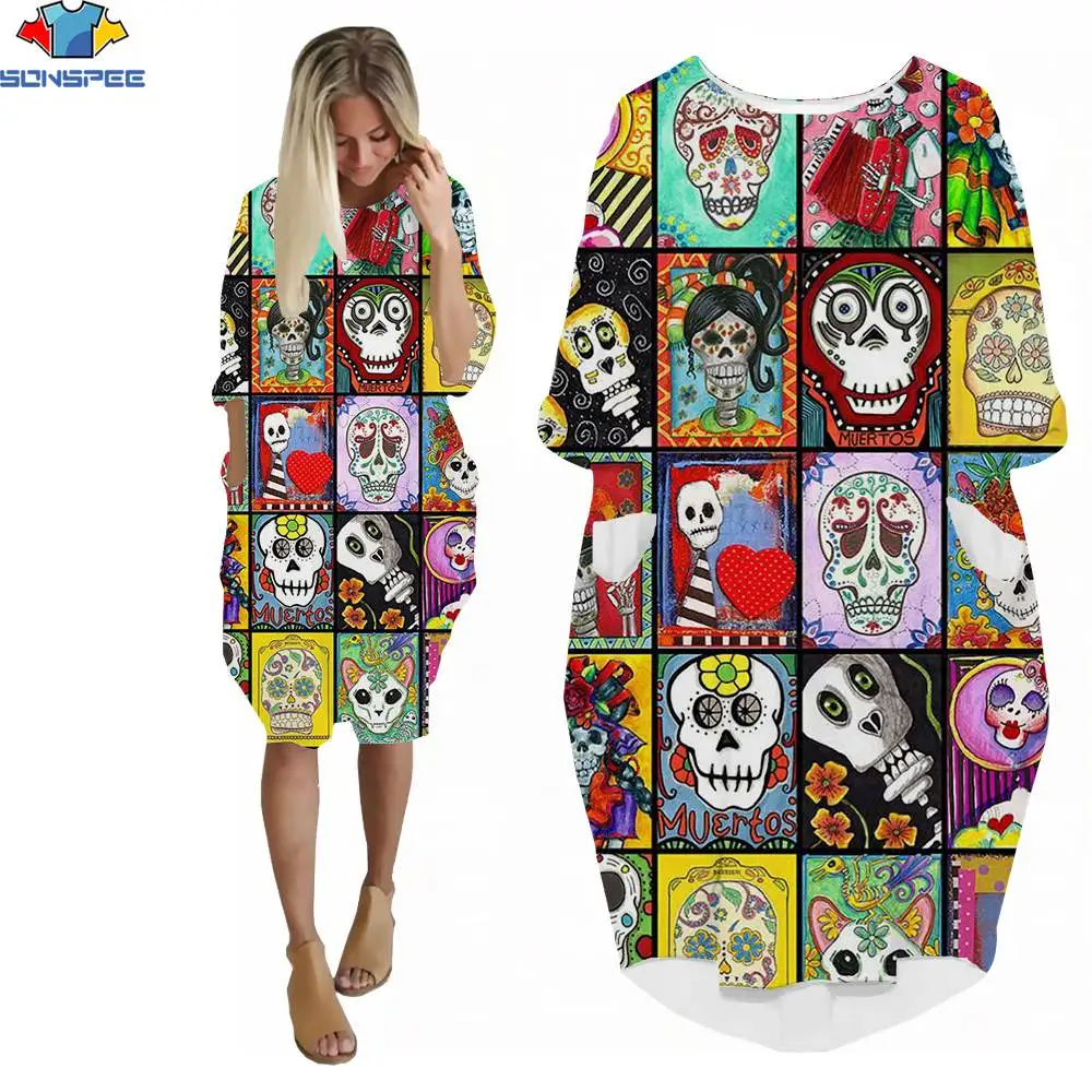 Sonspee 3d Print Hot Seller Women Dress Funny Tiling Skeleton Horror Harajuku Polyester Sport Casual Clothing O-neck Knee Skirts