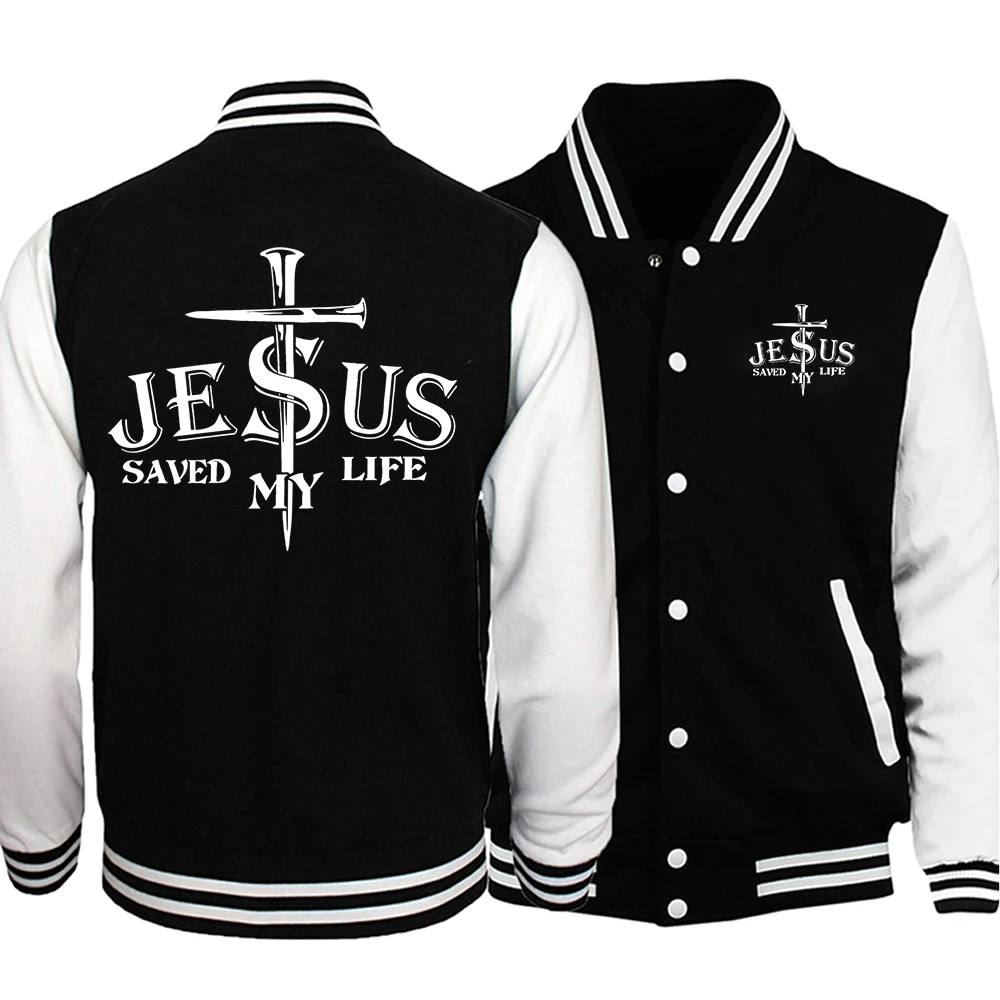 Jesus Saved My Life Letter Graphic Men'S Jackets Preppy Style Baseball Uniforms Casual S-5Xl High Street Motion Clothing