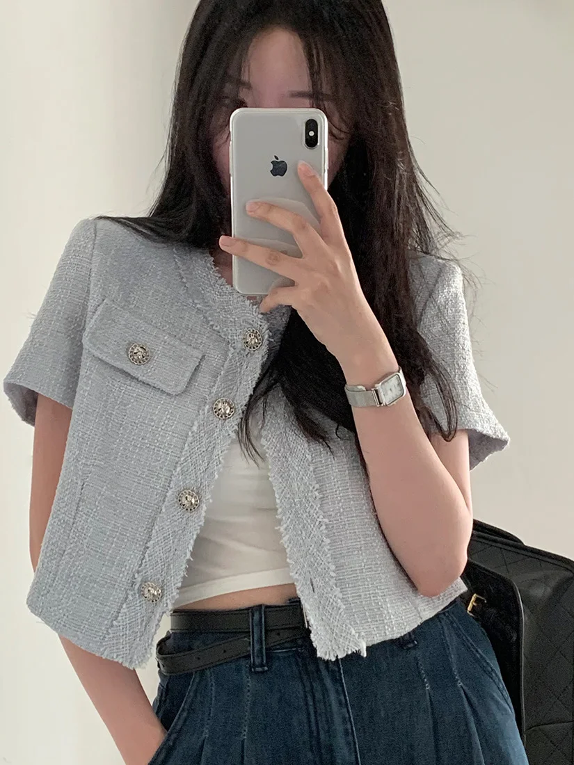 Chic Retro Coarse Weave Short Coat Women's Compact Elegant Single Button Short Sleeve Open Cardigan Gentle Style Top