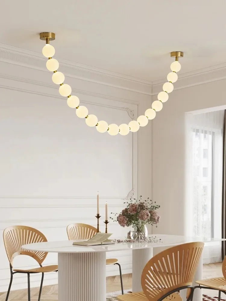 French Living Room Lamp Modern and Minimalist Dining Room Long Pearl Necklace Lamp Buddha Bead Duplex
