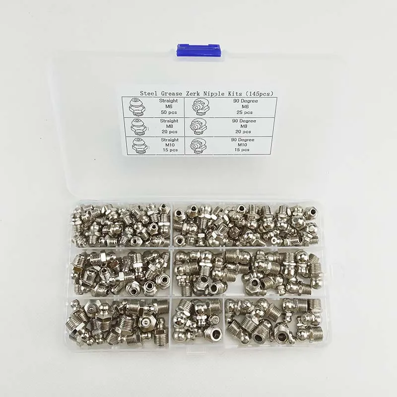 145pcs M6 M8 M10 Straight and 90 Degree Steel Zerk Fitting Grease Nipple Fittings Assortment Kit