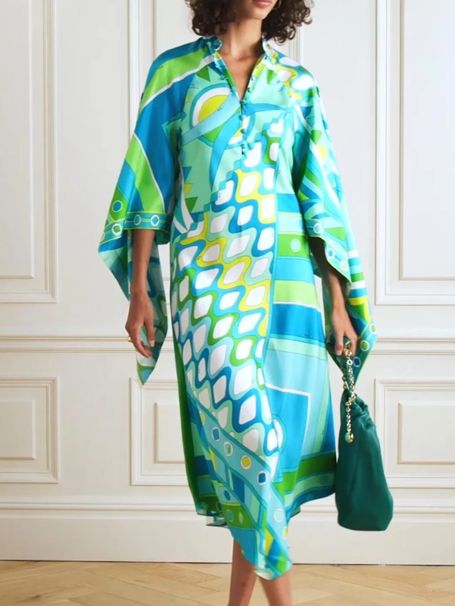 Moda botão gola bohe vestido outono feminino férias vestido irregular elegante senhora solta alargamento manga longa vestido de praia