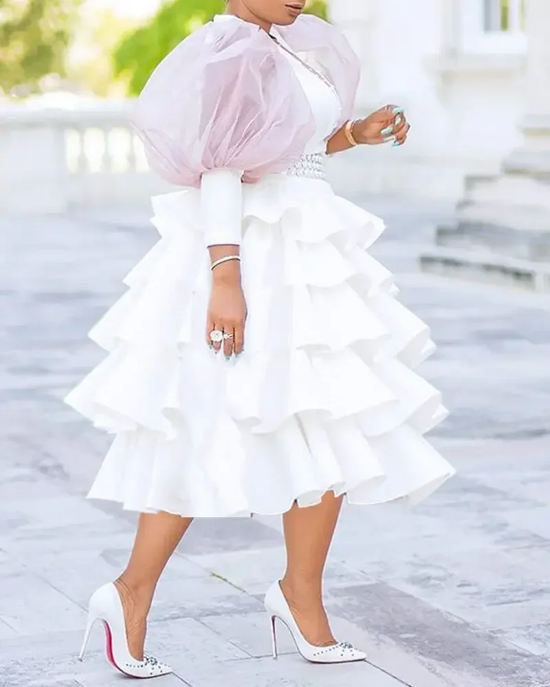 Women Dress Cake White Dresses Long Puff Sleeve Slim Party Round Neck High Waist Elegant Splice A Line Vestidos Temperament