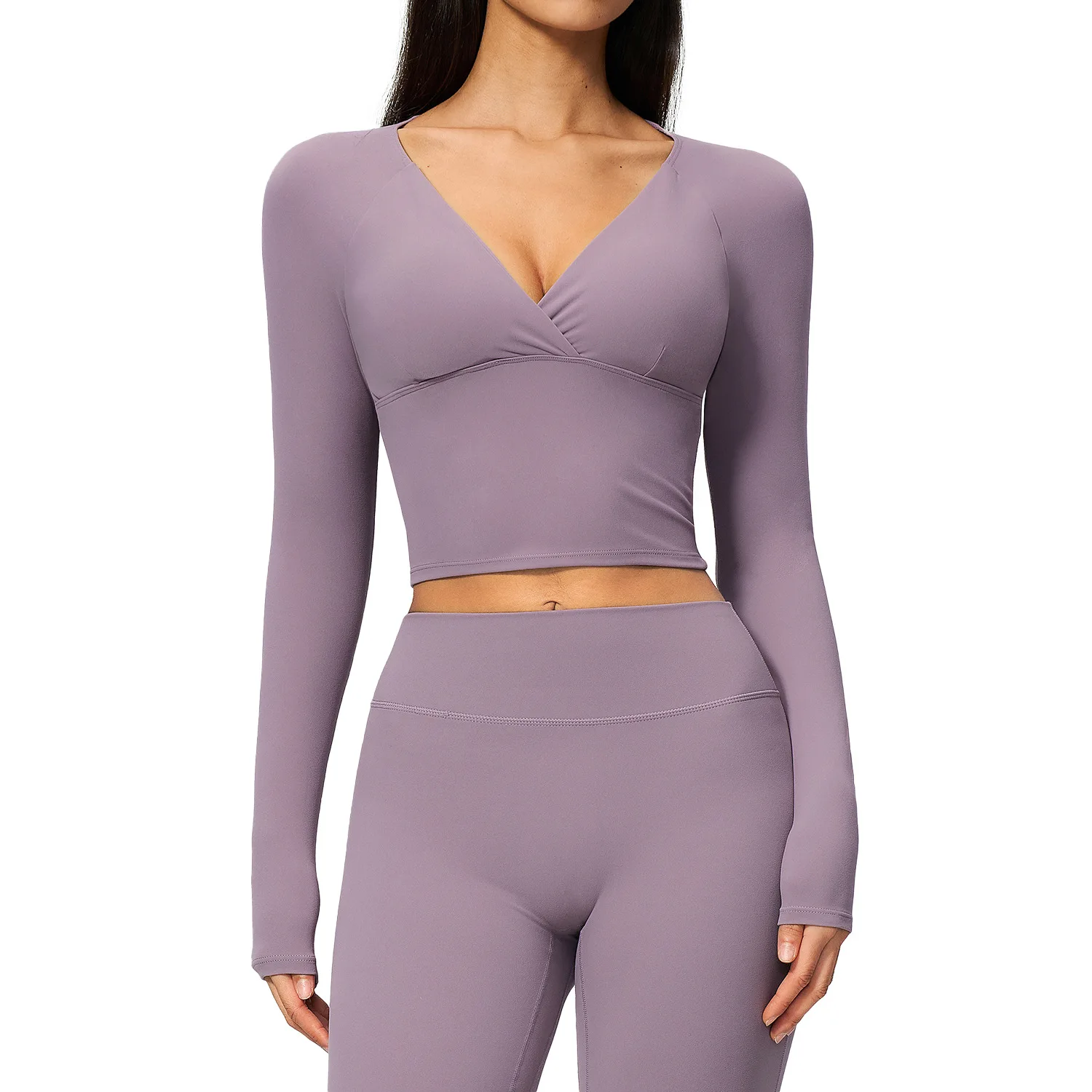 Women Twist V‑Neck Long Sleeve Yoga Top Thumb Hole Cropped Workout T‑Shirt Soft Naked Feeling Slim Fit Gym Running Pilates Fitne