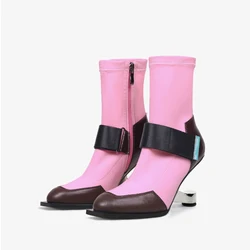 Sexy lady genuine leather stretch fabric 8cm high strange metal heel side zip dating pink black modern ankle boot HL458 MUYISEXI