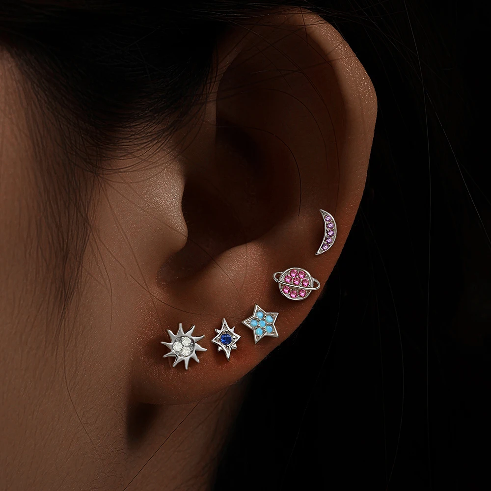 Aide 5pcs Set 925 Sterling Silver Star Moon Sun Colored Zircon 18K Gold Stud Earrings For Women ins Luxury Jewelry Gift