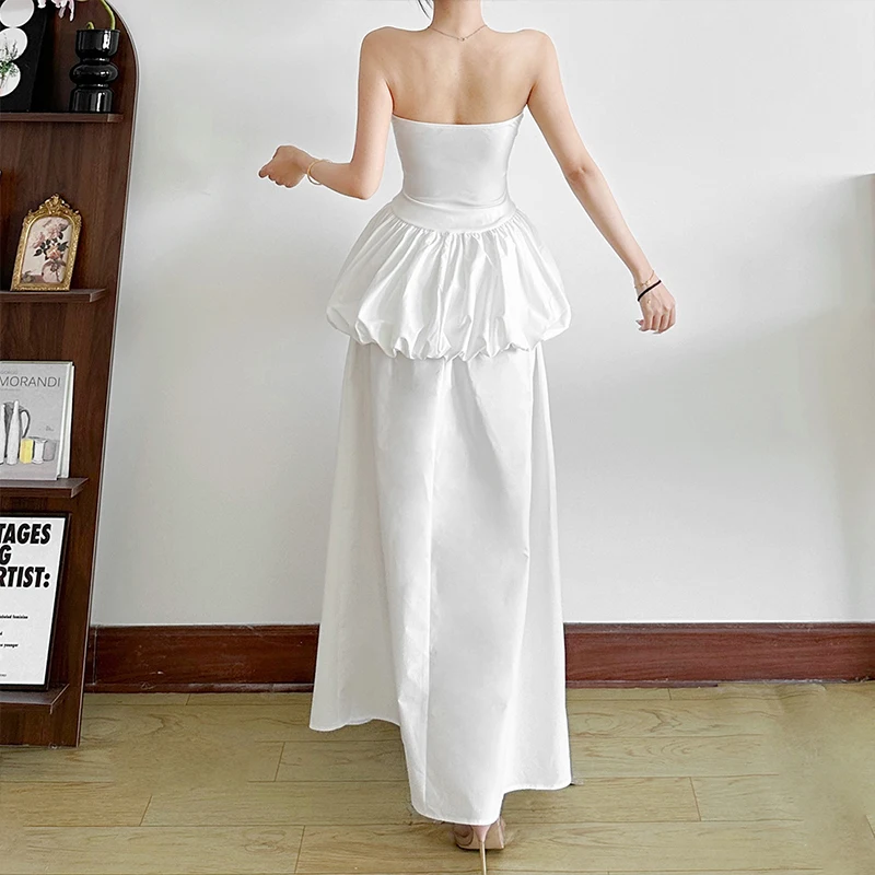 BKLD Elegante Dating Urlaub Casual Zwei Stücke Outfits Trägerlosen Blume Knospe Rohr Tops + Lange Röcke Mode Reine Farbe Sexy kleidung