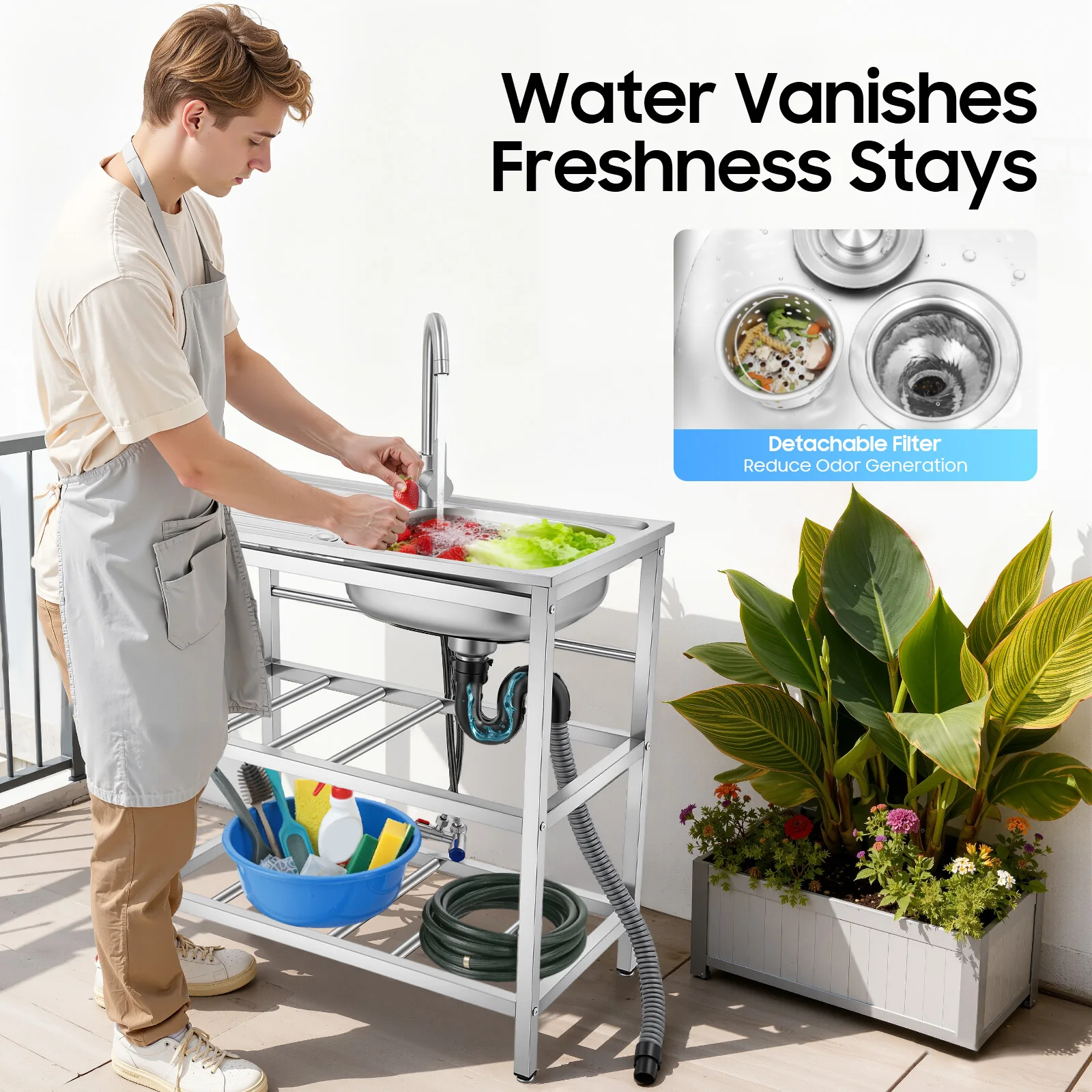 

Stainless Steel Sink with Faucet, Freestanding Kitchen Sink for Garden Camping Outdoor, with Storage Rack & Adjustable Feet