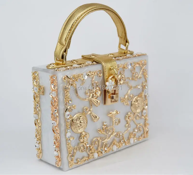 Box Designer Evening Bag Diamond Flower Clutch Bag Hollow Relief Acrylic Luxury Handbag Banquet Party Purse Women's Shoulder Bag