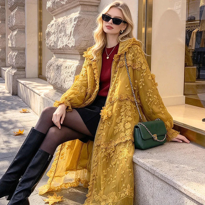 Early Winter Women Hooded Silk Fabric +Padded Coat, Exquisite Embroidery, Detachable Liner, Warm Embroidered Cotton Outerwear