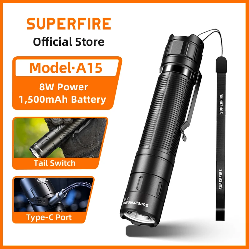 SUPERFIRE A15 Mini EDC Torch Super Bright LED Flashlight USB-C Rechargeable 18650 for Camping Outdoor Emergency Lighting Lantern