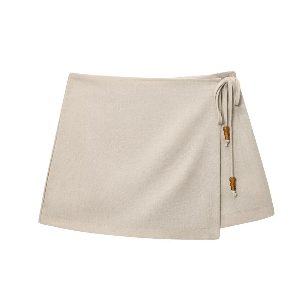 女性のビーズ付きリネン混紡 V ネックタンクトップビーズレースハイウエストカジュアルショーツ夏の新しいファッションショーツ