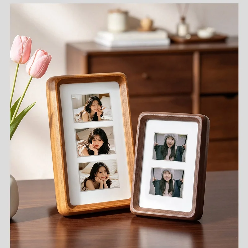 Rounded Corner Solid Wood Collage Photo Frame Multi‑Slots Long Picture Frame Walnut Wood Desktop Photo Display Home Ornament