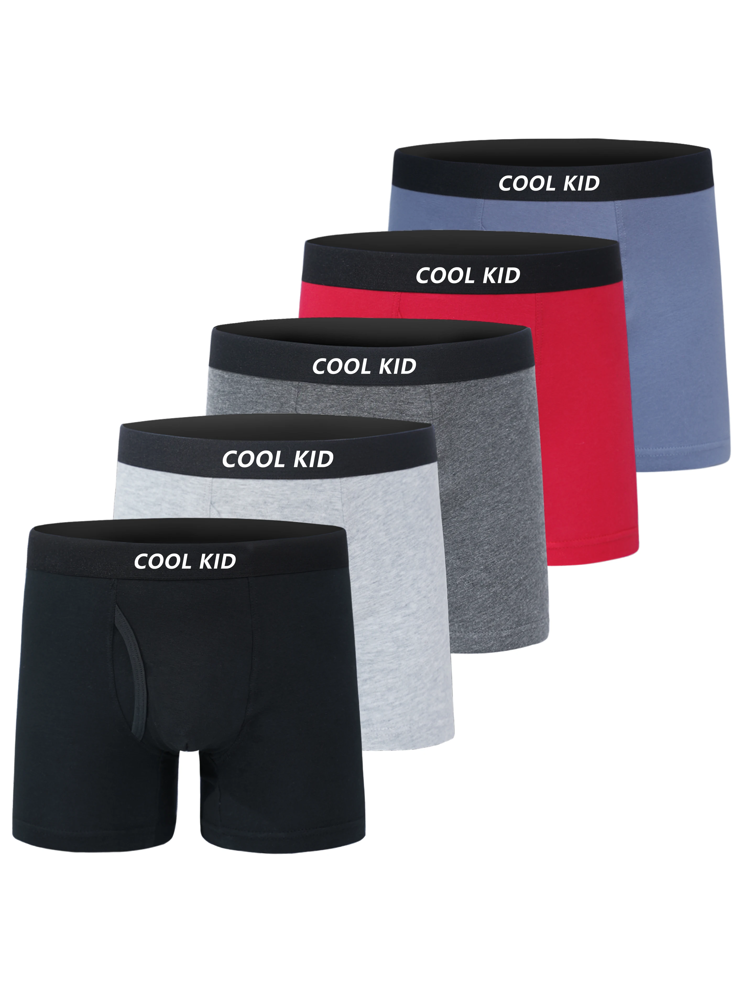 5 Pack Boys Cotton Open Fly Boxer Briefs COOL KID Letter Waistband Solid Color Soft Breathable Kids Underwear