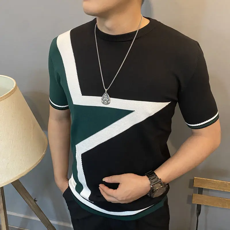 Autumn and Winter Men's Slim-fit Short-sleeved Sweater Sweater Korean Style Jacquard Slim-fit plus size Half-sleeved Sweater
