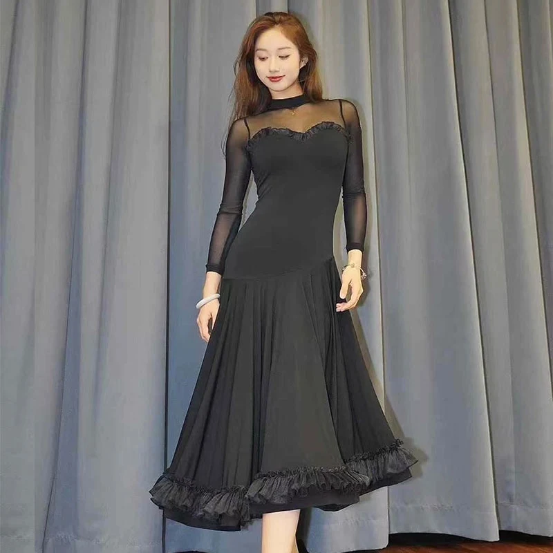 

2024 New Ballroom Dance Black Long Dress Women Waltz Dance Clothing Practice Performance Dress Adult Latin Dance Dress DNV21970