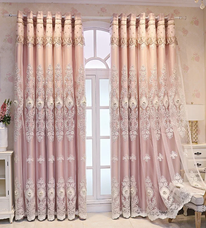 Simple European-style Double-layer Curtain Gauze Integrated Curtains for Living Room and Bedroom Embroidered Pink Window