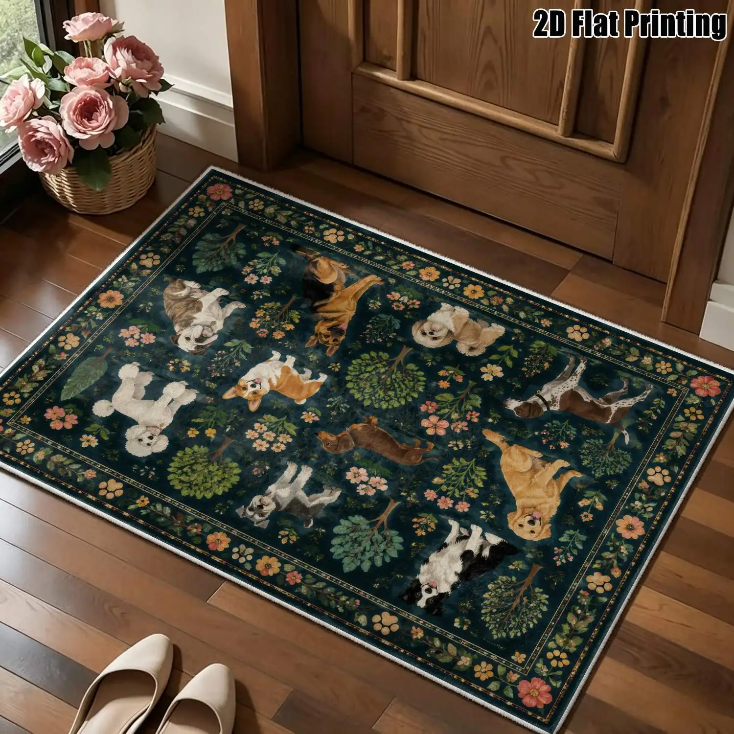 1Pc 2D Printed Retro Small Dog Flower Velvet Carpet, European/Bohemian Floral Geometric Style, for Home Decor, Multi-Size, Machine Washable, Multi-Scene Use