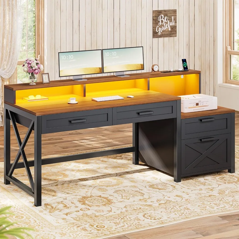 

Farmhouse home office desk with file drawers and power sockets, computer desk with 4 drawers, storage rack, printer cabinet