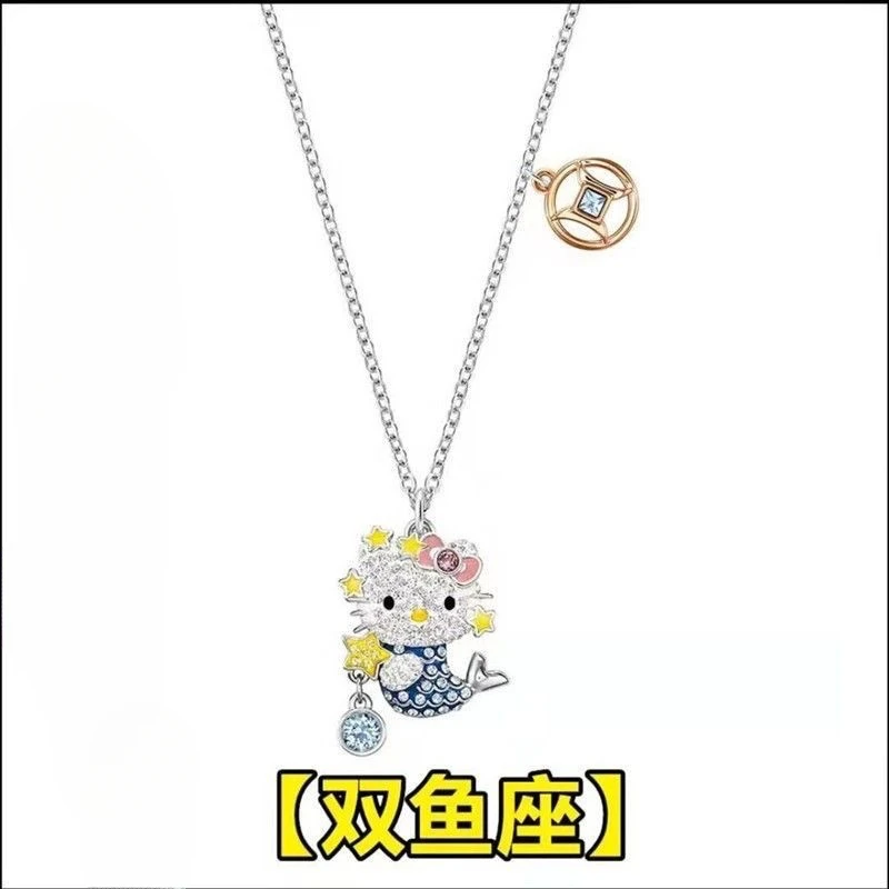 Hello Kitty Necklace Anime Character Pink Peach Heart Crystal Cat The Zodiac Necklace Pendant Couple Decor Girl Birthday Gift