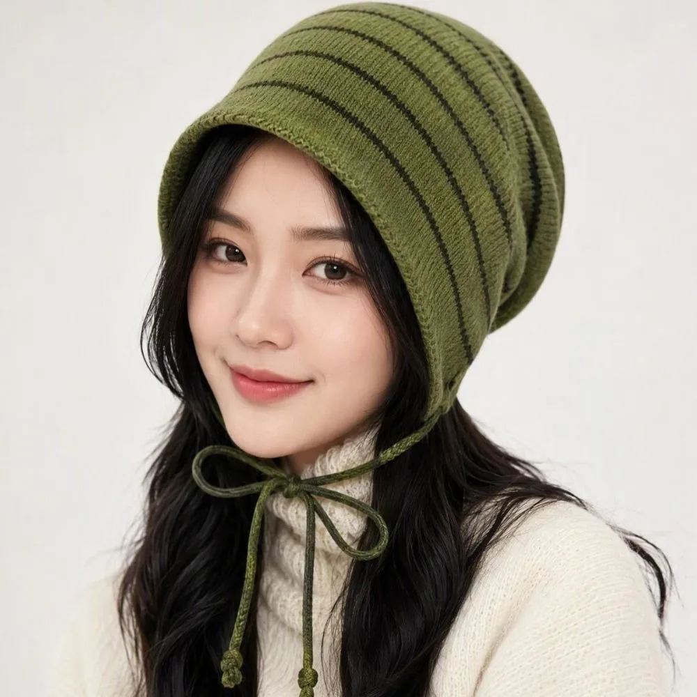 Loose Fit Striped Beanie Hat Soft Texture Korean Style Tie Strap Cap Stretchy Ear Protection Knit Bonnet Cap Chilly Days