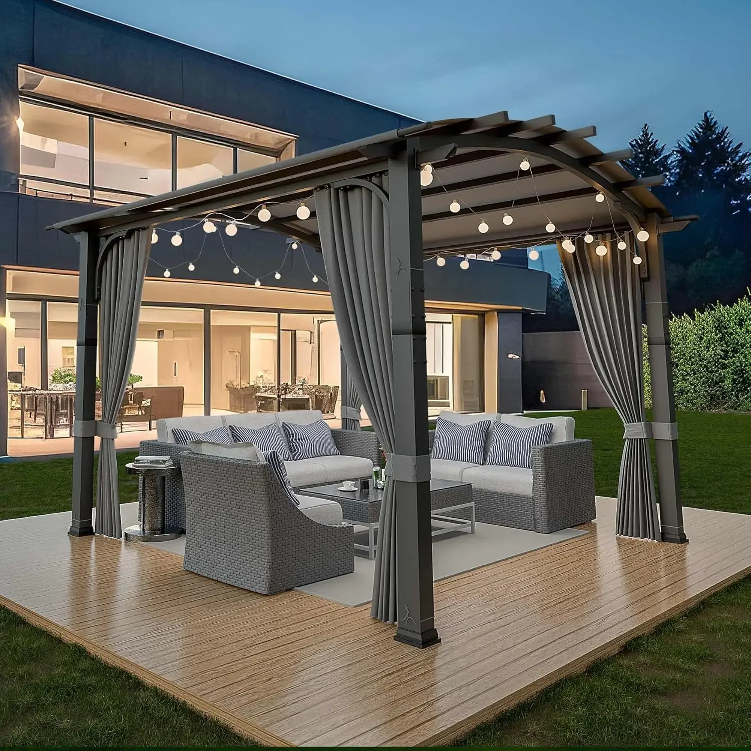 

10'x 10' Outdoor Pergola, Metal Frame Arched Pergola with Sun Shade Canopy and Curtains for Backyard, Deck, Porch and Patios