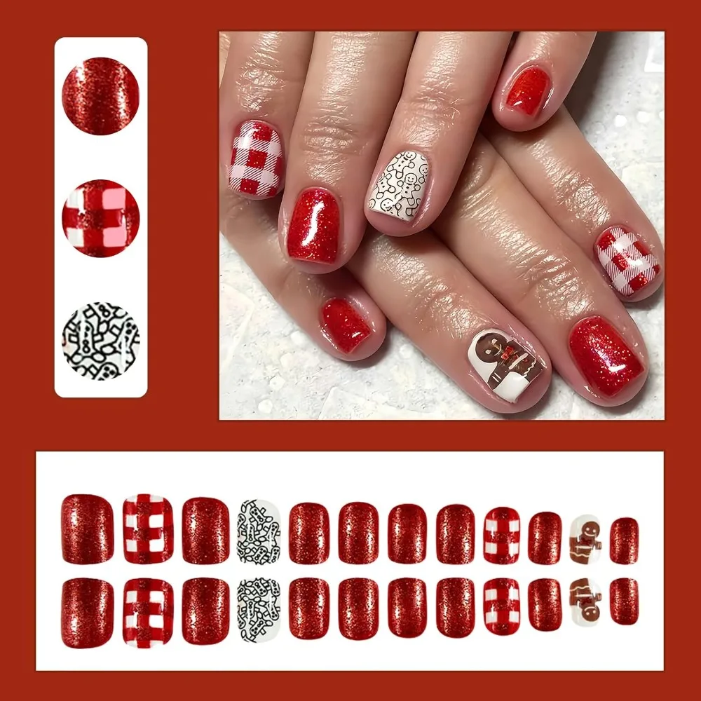 

Hot Selling Glitter Red Christmas Press on Nails Short Square Fake Nails 24Pcs Gingerbread Man Plaid Design Acrylic Nails Glossy Artificial Xmas Winter Glue on Nails for Women Girls Popular Holiday Gift