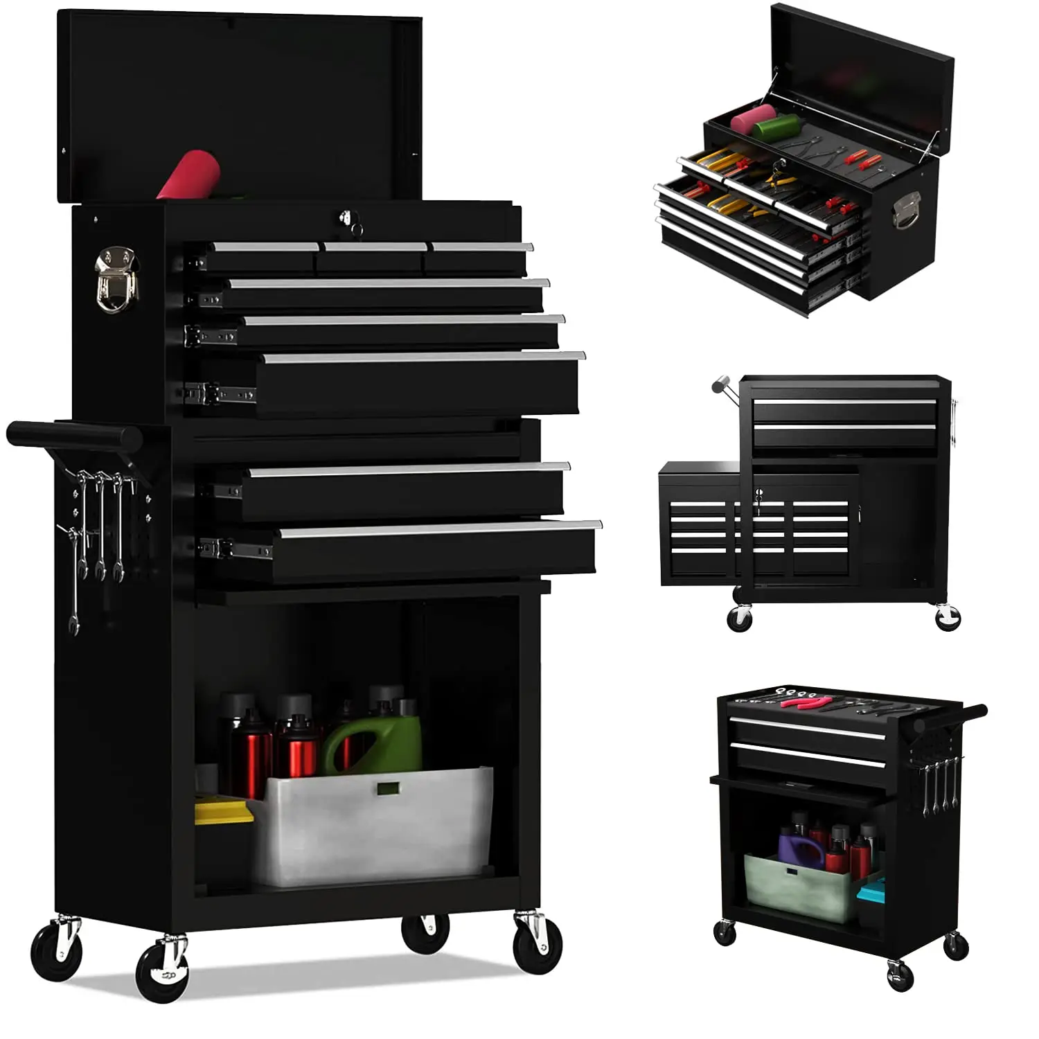 8-Drawer High Capacity Rolling Tool Chest, Removable Cabinet Storage Tool Box with Wheels and Drawers, Detachable