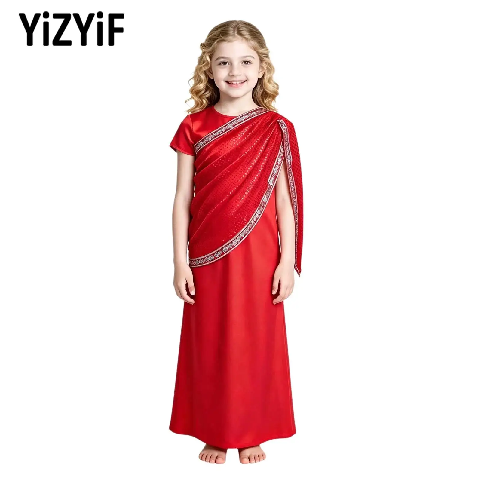 Girls Indian Traditional Ethnic-style Dress Round Neck Short Sleeve Style Lightweight Stage Dance Performance Costume Festival