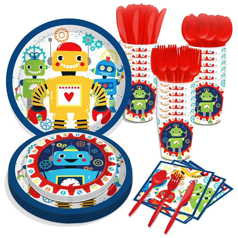 Robot Game Themed Birthday Decorations Disposable Tableware Paper Plate Cups Napkins Robot Foil Balloon Kids Birthday Decoration