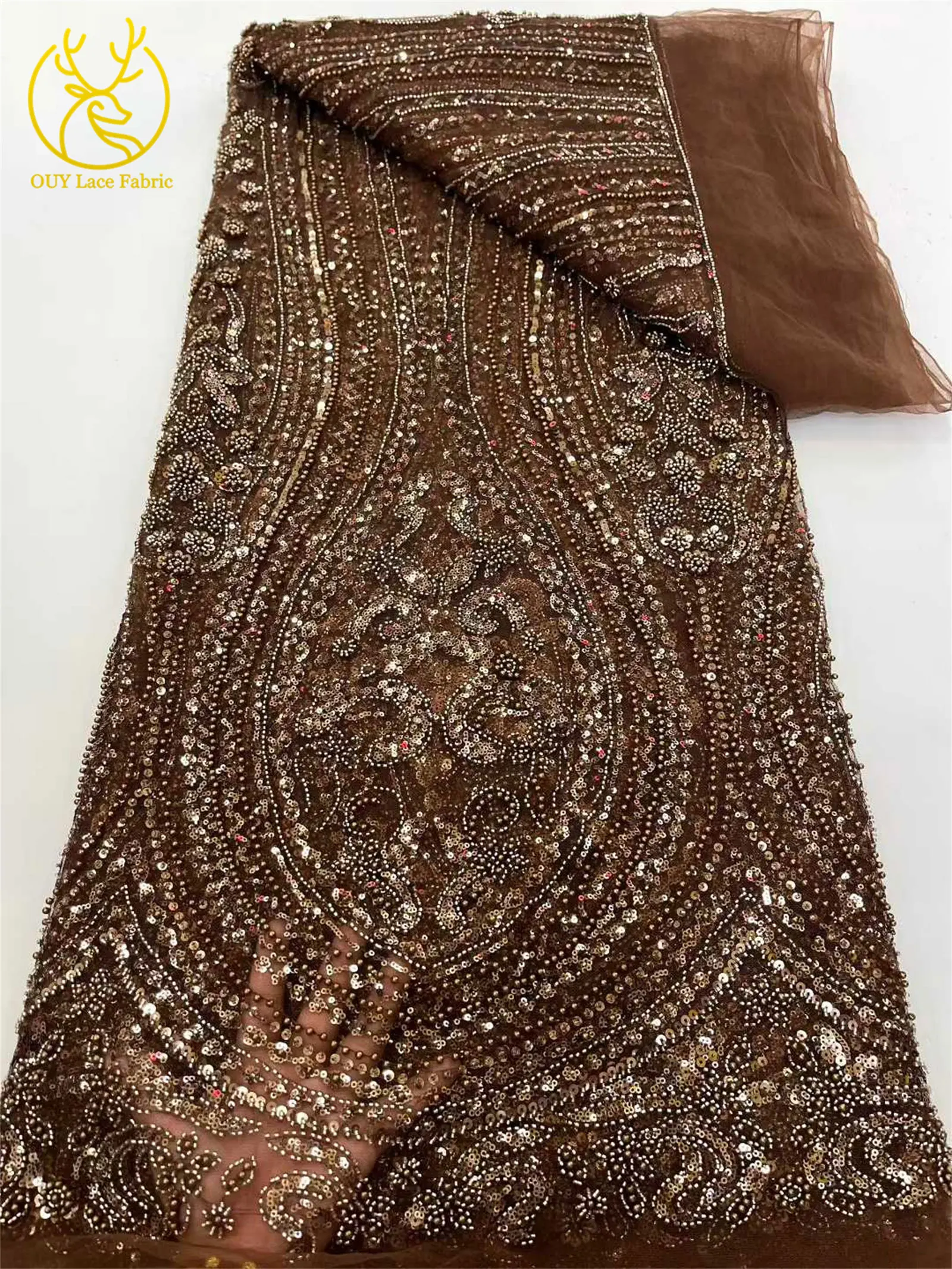 ゴールデンデラックスアフリカ手作りビーズレース生地5ヤード繊細なフランス製スパンコールレース生地ウェディングドレス結婚式パーティー縫製用