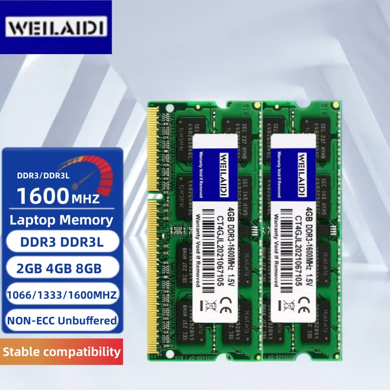 WEILAIDI DDR3 DDR3L 2GB 4GB 8GB SODIMM 1066MHz 1333MHz 1600MHz PC3L-10600 12800 1.35V Dual Ranked  Notebook Laptop Memory RAM