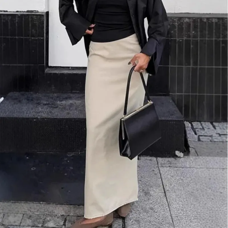 فستان كاكي خفيف الوزن متوتر الخصر شبه تنورة ربيعية من القطن الخالص عالي الخصر مستقيم القطع للنساء