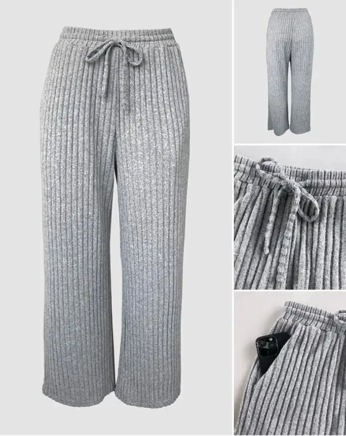 

2 Piece Outfit Lace Trim Square Neck Long Sleeve Top & Drawstring Elastic Waist Pants Set Casual Brushed Ribbed Set with Pockets