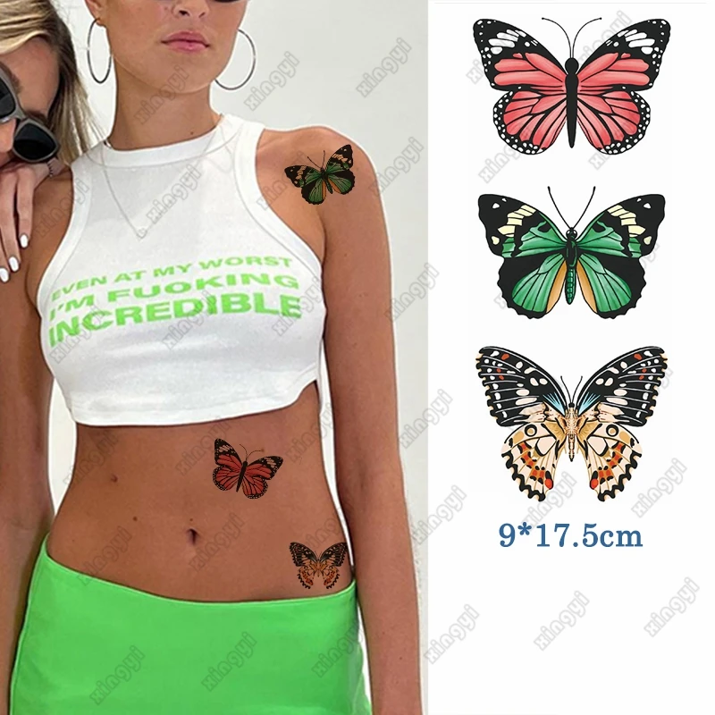 Waterproof Temporary Tattoo Sticker 3D Rhubarb Butterfly of North America Flash Tattos Body Art Arm Leg Fake Tatoo Women Female